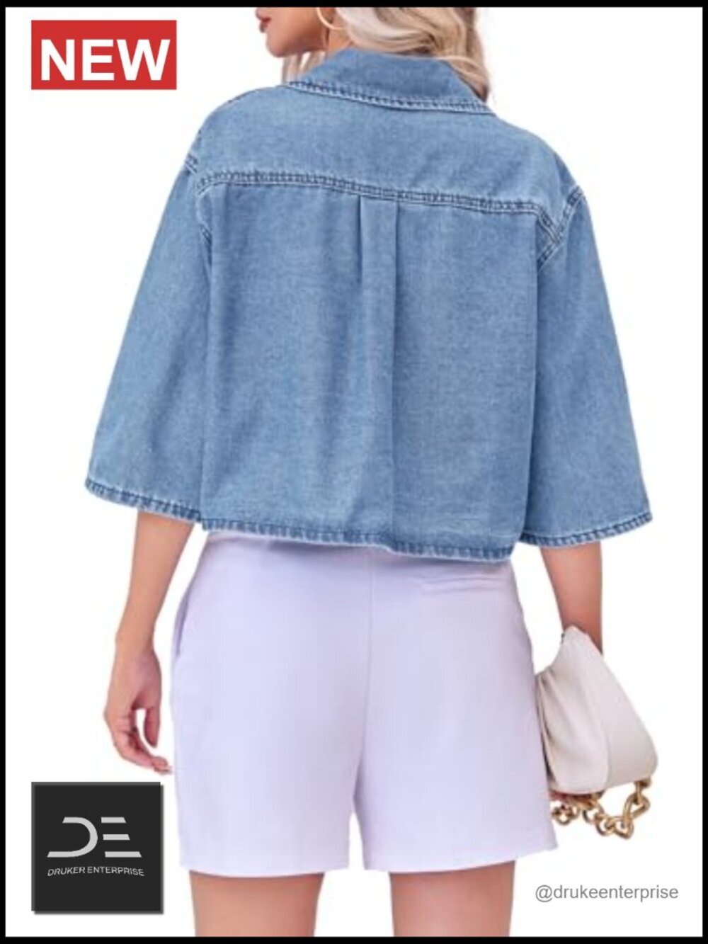 Crop Denim Jacket Half Sleeve Button Down Short Jean Jacket with Pocket - Picture 5 of 7